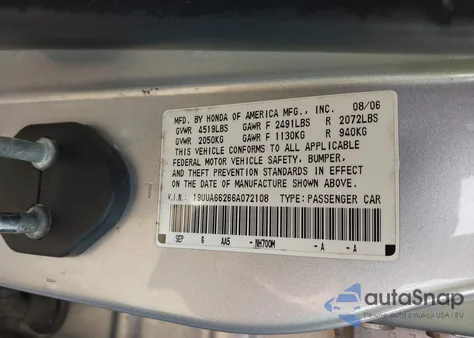 2006 Acura Tl from USA, damaged, VIN 19UUA66266A072108